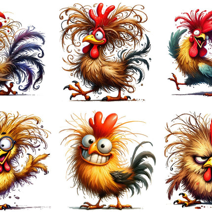 6 Piece 6"x6" Humor Quirky Chickens 100% Cotton Fabric Panel Squares Quilting Blocks