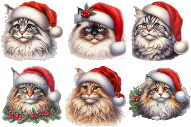 6 Piece 6"x6" Christmas Cats 100% Cotton Fabric Panel Squares Quilting Blocks