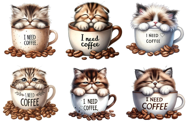 6 Piece 4"x4" Coffee Cats 100% Cotton Fabric Panel Squares Quilting Blocks