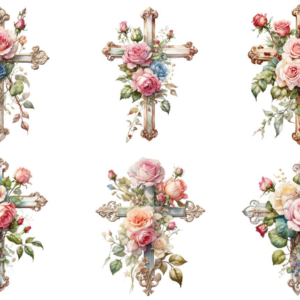 6 Piece 3"x3" Floral Crosses 100% Cotton Fabric Panel Squares Quilting Blocks