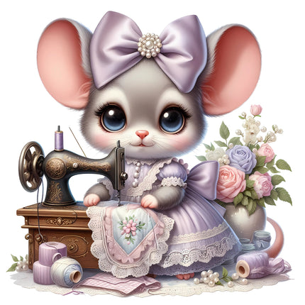 A digitally printed fabric panel featuring a cute cartoon mouse character dressed in a purple dress, sitting at a sewing machine with a floral backdrop.