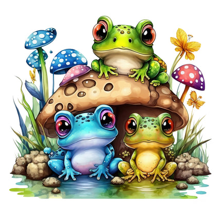 three cartoon-style frogs sitting on a mushroom fabric panel