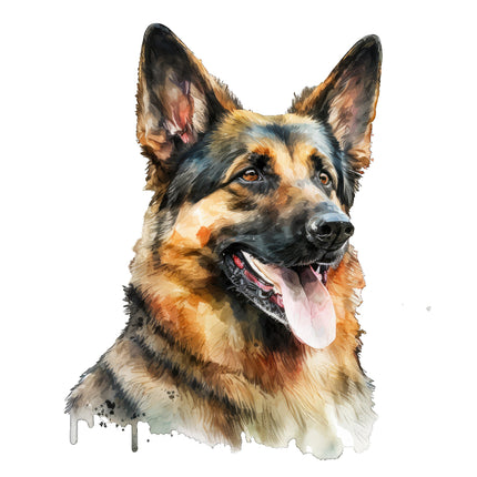 A digitally printed fabric panel featuring a portrait of a German Shepherd dog 