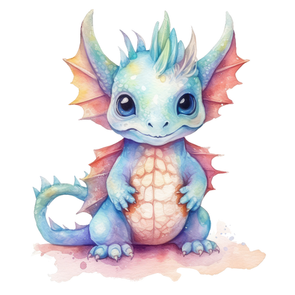 A digitally printed 100% cotton fabric panel featuring a quilt block design with a baby dragon motif.