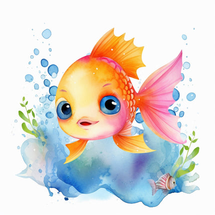 A digitally printed fabric panel featuring a colorful goldfish with orange, pink, and yellow fins, surrounded by blue water and green aquatic plants.