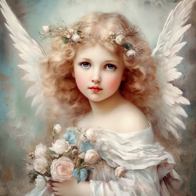 Painting of an angelic girl with wings holding flowers fabric panel