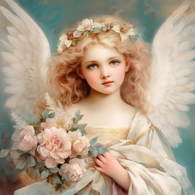 A digitally printed fabric panel featuring an angelic figure with wings and a floral halo, holding a bouquet of pink roses.