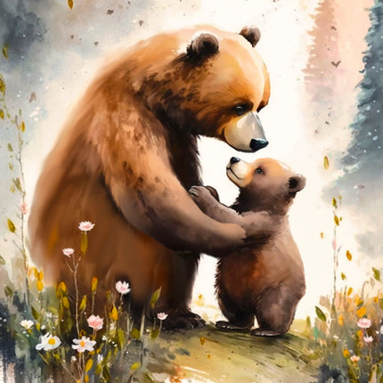 A digitally printed 100% cotton fabric panel featuring a mother bear and her cub in a floral field.