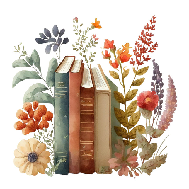 A fabric panel featuring an illustration of old books surrounded by flowers