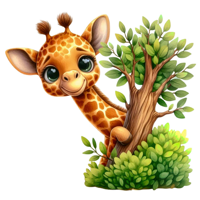 Cartoon giraffe reaching for leaves on a tree with a green bush in the foreground