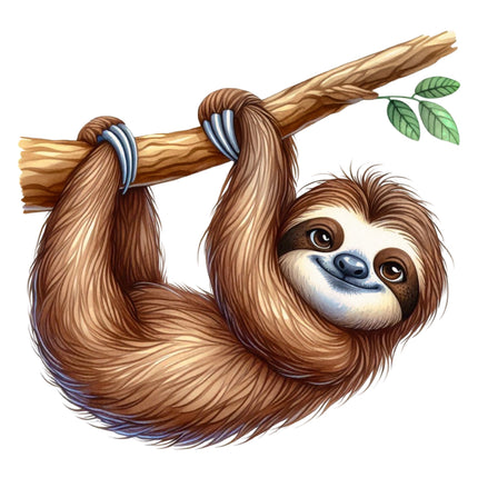 Illustration of a sloth hanging from a branch with leaves on a white background