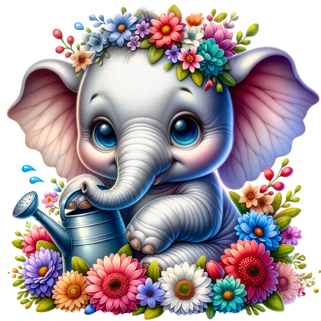 Illustration of a baby elephant with a flower crown surrounded by colorful flowers.