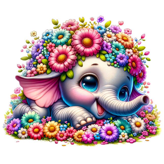 elephant surrounded by flowers fabric panel