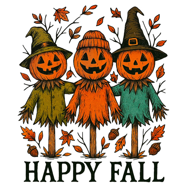 Three jack-o'-lantern scarecrows fabric panel 