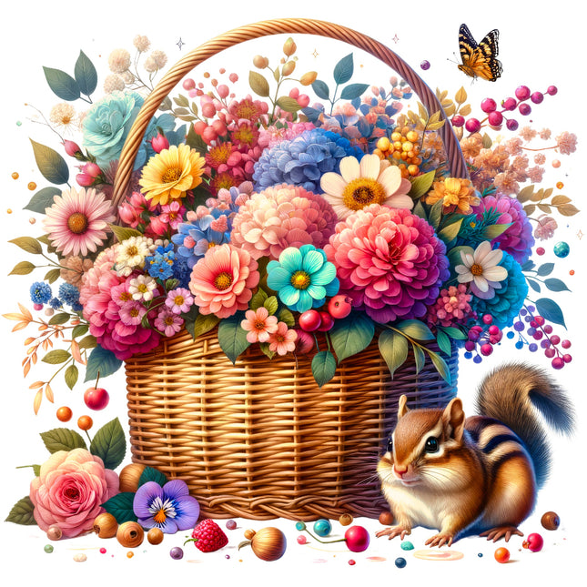 Basket of colorful flowers with a chipmunk and butterfly fabric panel