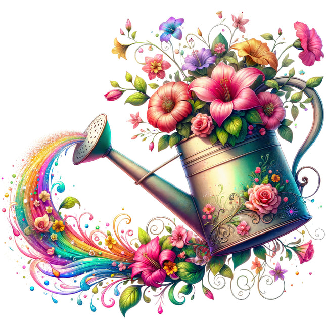 Colorful illustration of a watering can with flowers and a rainbow