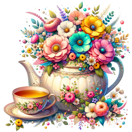 Decorative teapot and cup with colorful flowers fabric panel