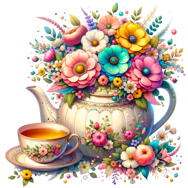 Decorative teapot and cup with colorful flowers fabric panel