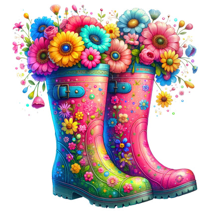 Colorful rain boots with flowers on a white background