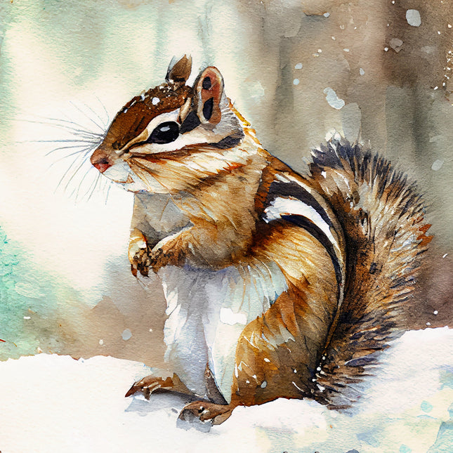 Watercolor illustration of a chipmunk in a snowy setting