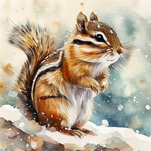Watercolor illustration of a chipmunk in a snowy landscape