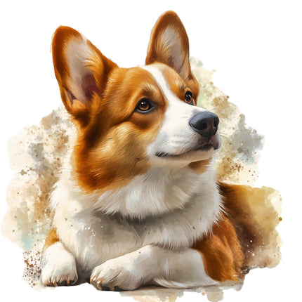 Illustration of a corgi dog with a watercolor background fabric panel