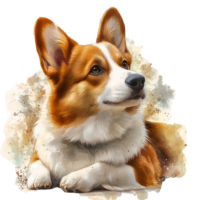Illustration of a corgi dog with a watercolor background fabric panel