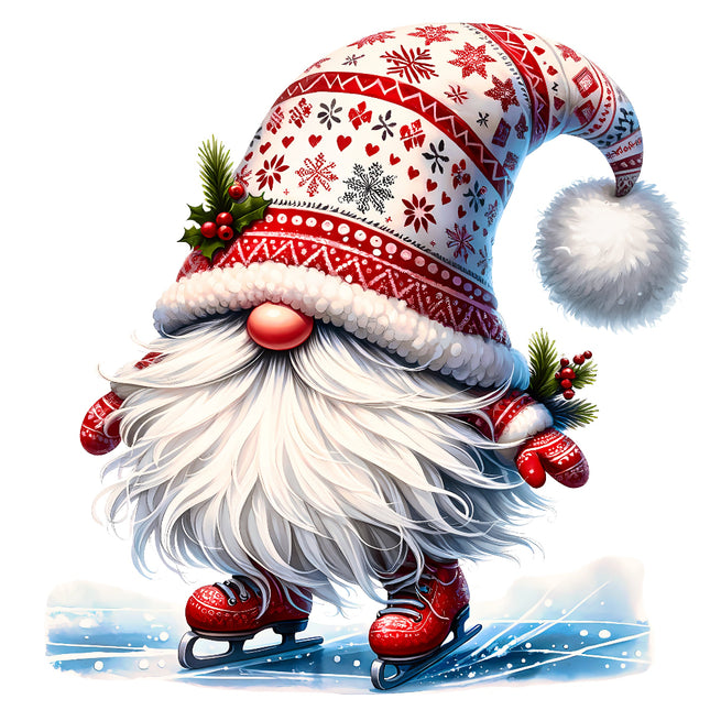 festive gnome with a patterned hat, white beard, and red shoes quilt panel