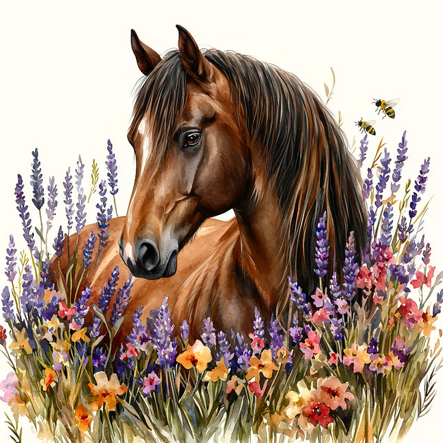 Brown horse surrounded by colorful flowers fabric panel