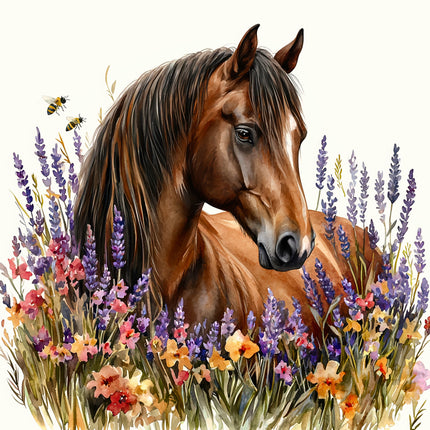 Painting of a horse surrounded by flowers and bees fabric panel