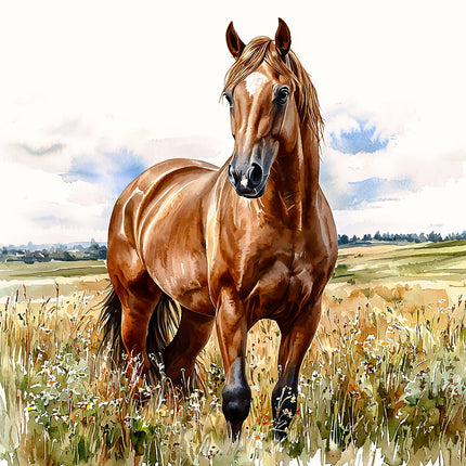 Brown horse in a field with a scenic background fabric panel
