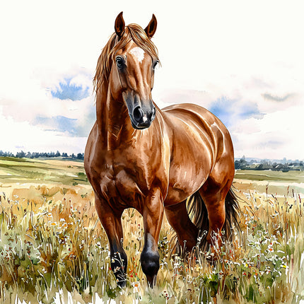 Brown horse standing in a field with a cloudy sky fabric panel