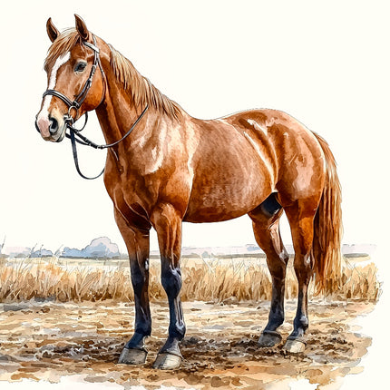 Brown horse standing on a textured ground fabric panel
