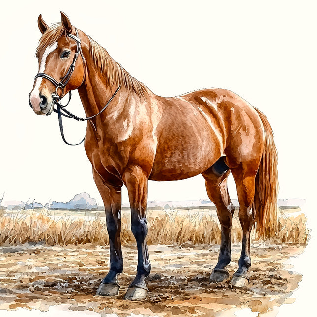 Brown horse standing on a textured ground fabric panel
