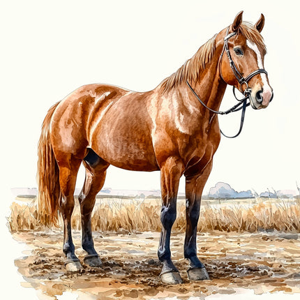 Artistic illustration of a brown horse with a bridle in a natural setting fabric panel