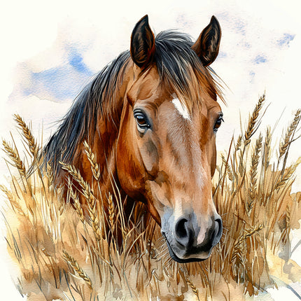 Painting of a horse in a field with tall grass and a soft background fabric panel