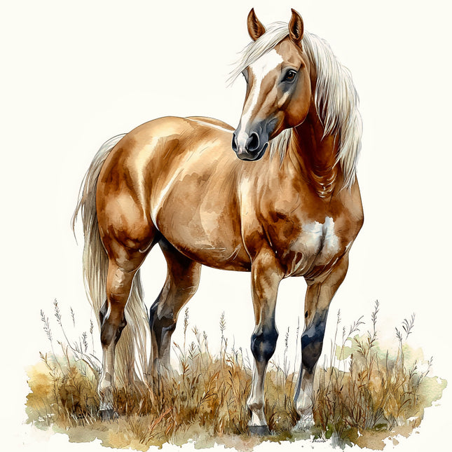 Illustration of a brown horse with a white mane standing in grass fabric panel
