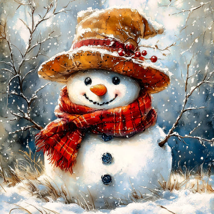 Snowman with a red hat and scarf in a snowy landscape fabric panel
