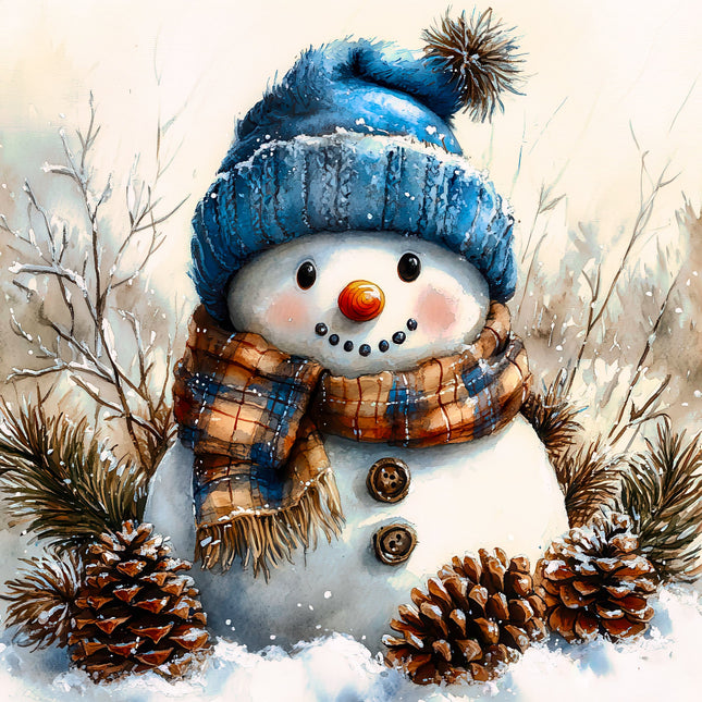Illustration of a snowman with a blue hat and plaid scarf in a snowy landscape fabric panel