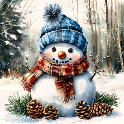 Snowman with a blue hat and plaid scarf standing in a snowy forest fabric panel