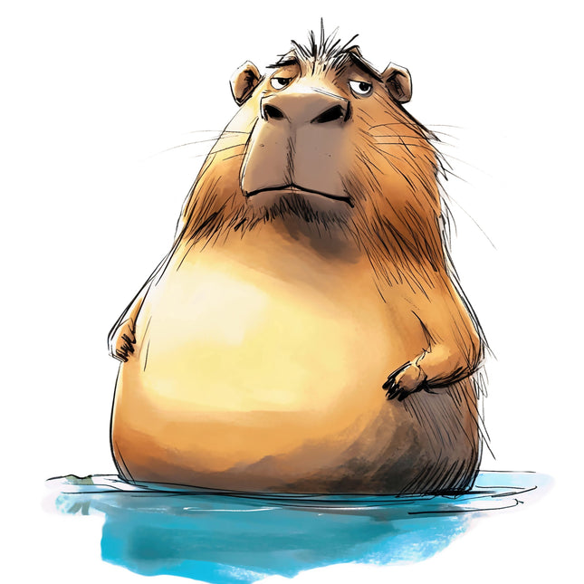 Illustration of a capybara standing in water on a white background fabric panel