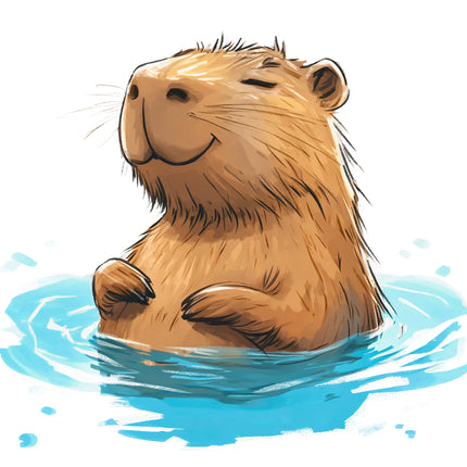 Illustration of a capybara swimming in water on a white background fabric panel