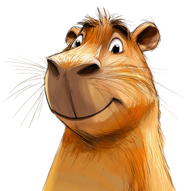 Cartoon capybara character with a friendly expression on a white background fabric panel