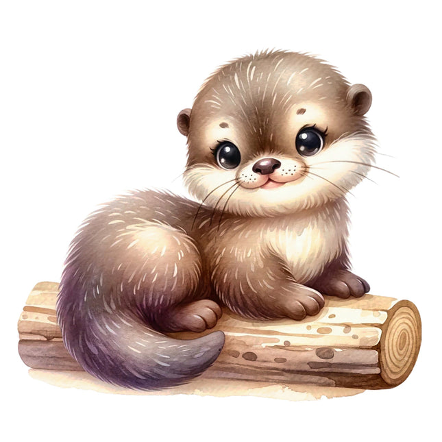 Illustration of a cute otter sitting on a log with a white background fabric panel