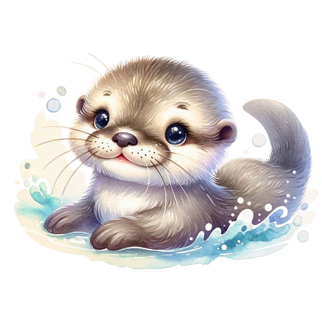 Illustration of a cute otter in water with bubbles on a white background fabric panel