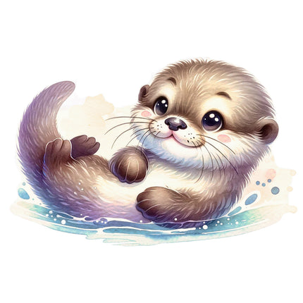 Illustration of a cute otter waving with watercolor effects on a white background quilt block