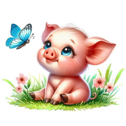 Cartoon pig sitting on grass with flowers and a butterfly quilt block