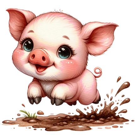 Illustration of a cute pig playing in mud quilt block