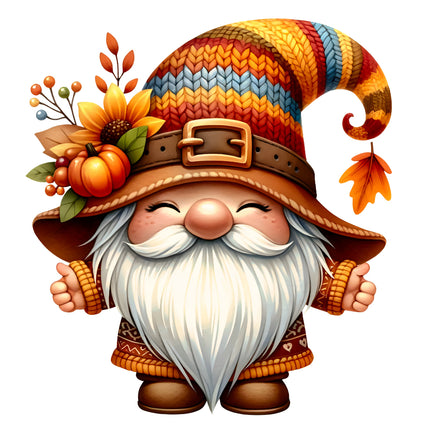 Cartoon gnome with autumn-themed hat and decorations fabric panel