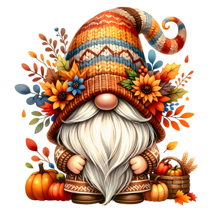 Autumn-themed gnome with colorful hat, flowers, and pumpkins on a white background fabric panel